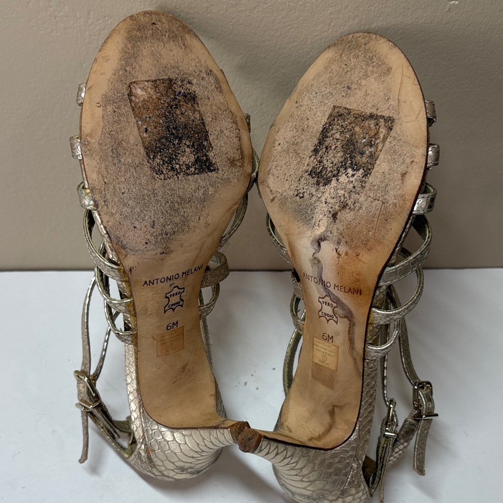 ANTONIO MELANI Gold Strappy Snake-Texture Leather Stiletto Sandals - Picture 13 of 14
